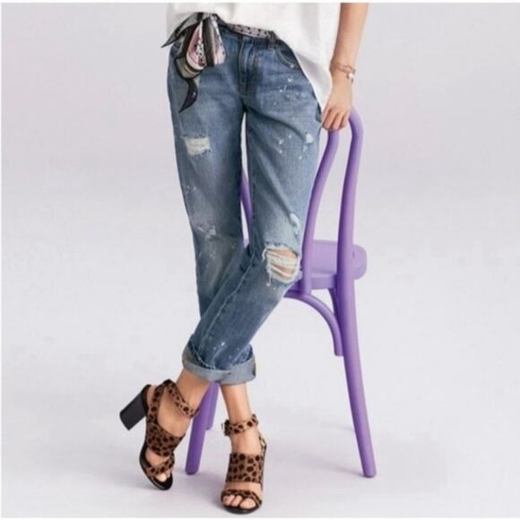 Cabi Womens Boyfriend Jeans Size 2 Distressed Straight Cropped Paint Splatter - Picture 3 of 16